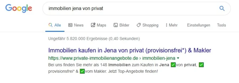 Ranking von Private Immobilienangebote auf Keyword "Immobilien jena von privat"