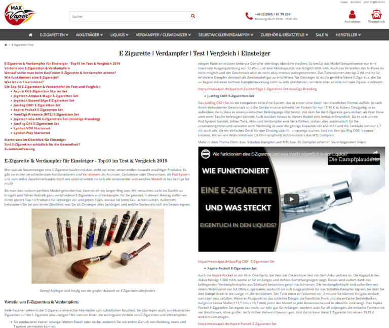 Screenshot der Website "www.maxvapor.de"