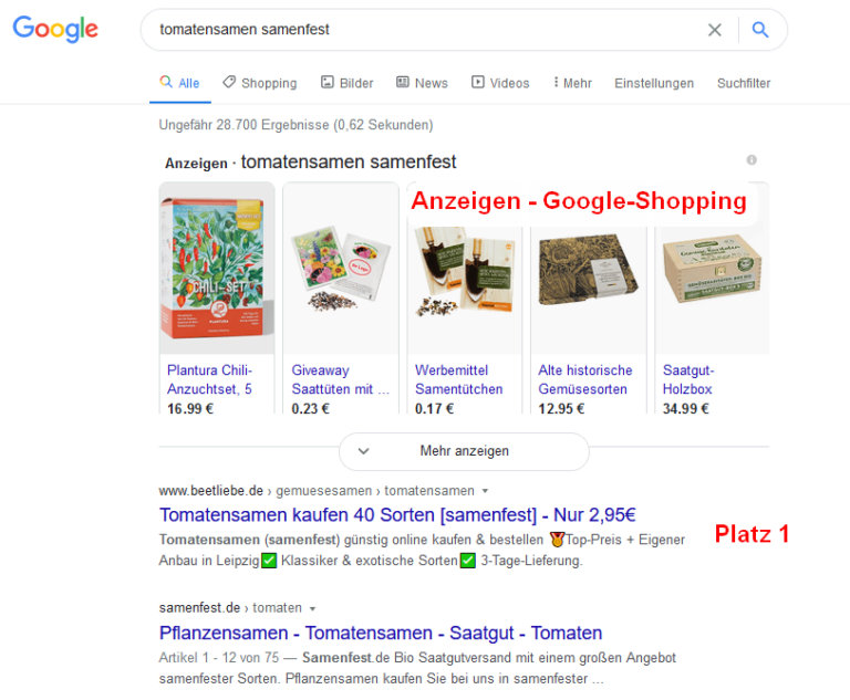 Positionierung auf Platz 1 bei Keyword Tomatensamen samenfest