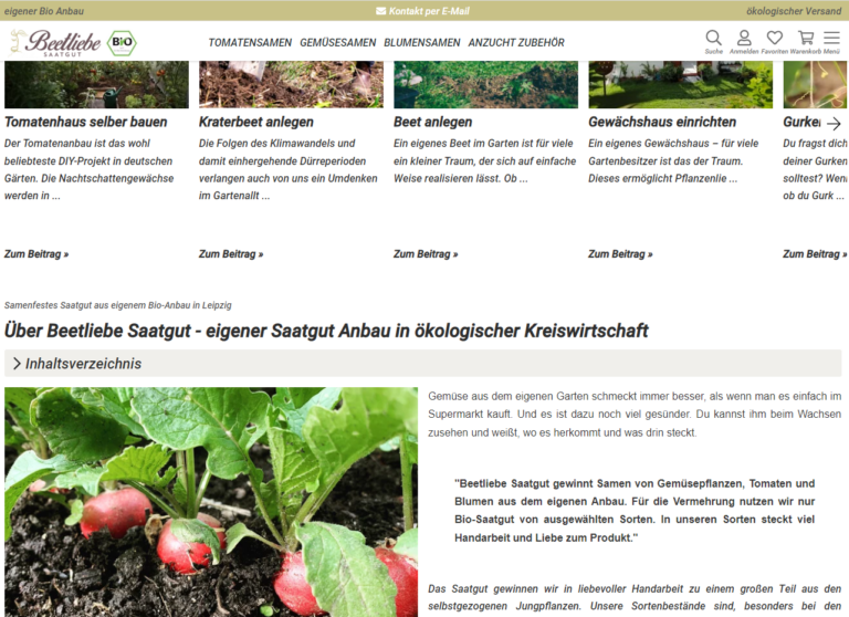 Content für E-Commerce: Screenshot des Online-Shops Beetliebe.de mit Blogbereich