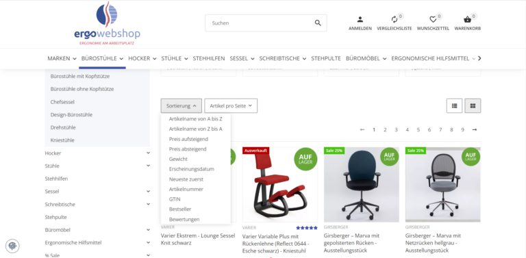 Filter und Sortiermöglichkeiten im Online-Shop von ergowebshop