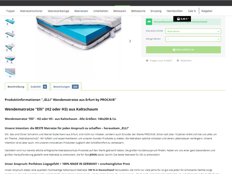 Umfangreiche Produktseite im Onlineshop von Matratzenschutz24.net