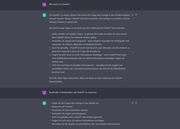 Screenshot ChatGPT mit Fragen und Antworten