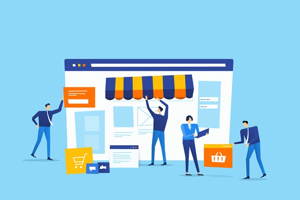 Digitale Figuren, die einen Onlineshop bauen