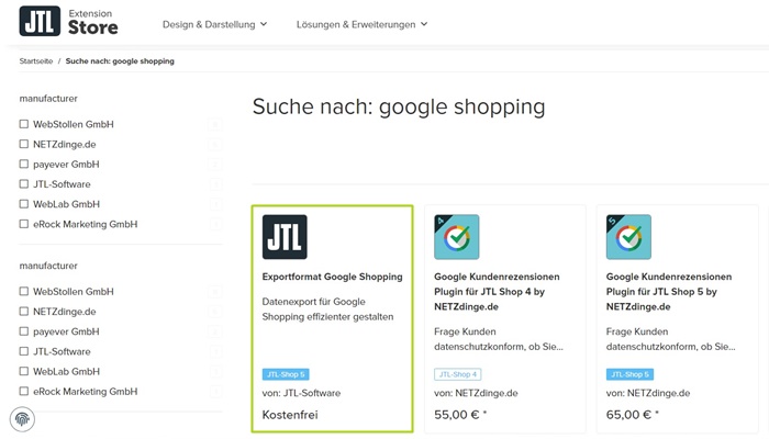 Screenshot aus dem JTL Extension Store